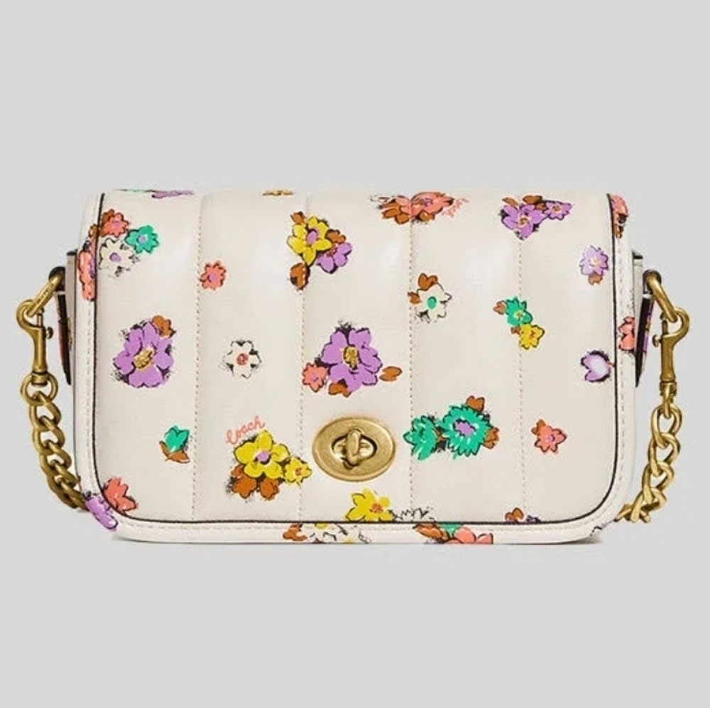 COACH DINKY 18 QUILTING FLORAL‎ BAG NAPPA LEATHER CHALK MULTI PURSE CROSSBODY - Picture 6 of 16